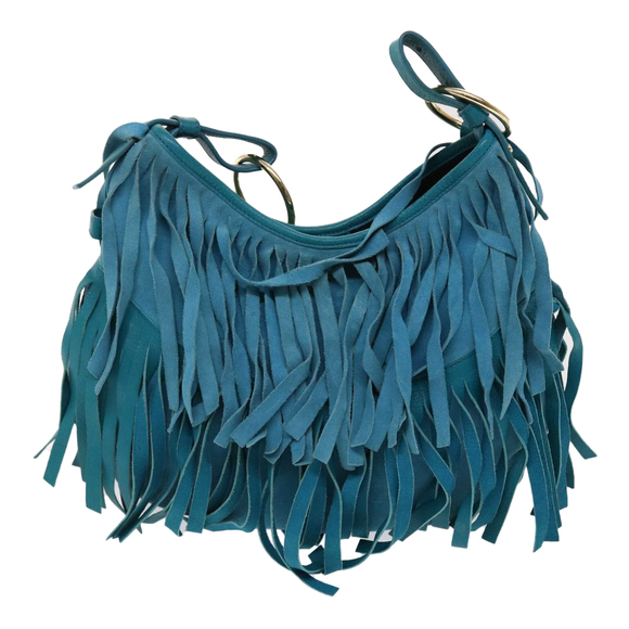 SAINT LAURENT Chain Fringe Shoulder Bag Suede Leather Blue Auth yk7582 - Picture 13 of 16